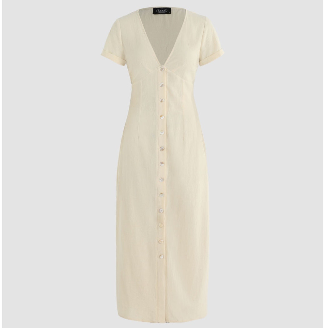 Cider Solid V-Neck Yellow Button Shift Maxi Dress Medium Nwt Coastal Casual